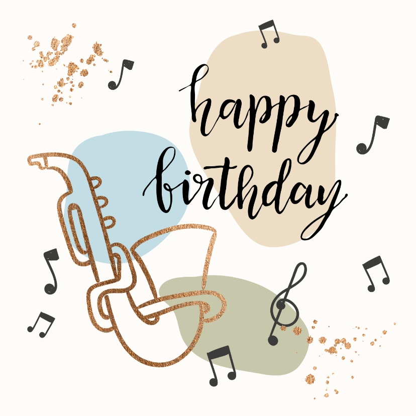 Verjaardagskaarten - Verjaardagskaart - Saxofoon met muzieknoten