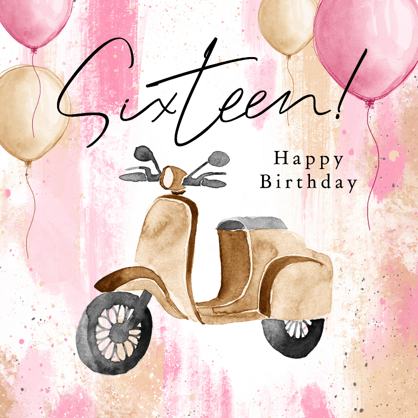 Verjaardagskaart sixteen 16 scooter kunst verf ballonnen - Verjaardagskaarten Verjaardagskaarten - Verjaardagskaart sixteen 16 scooter kunst verf ballonnen