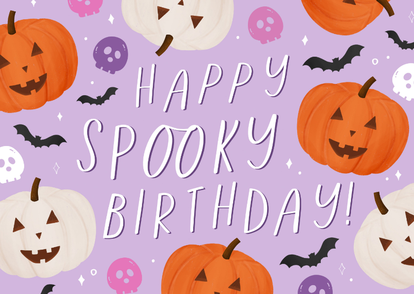Verjaardagskaart spooky birthday pompoen vleermuis schedel - Verjaardagskaarten Verjaardagskaarten - Verjaardagskaart spooky birthday pompoen vleermuis schedel