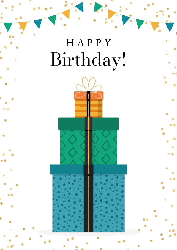 Verjaardagskaarten - Verjaardagskaart stapel kleurrijke kado's en gouden confetti