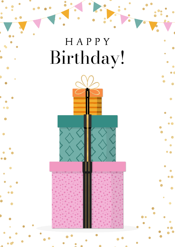 Verjaardagskaarten - Verjaardagskaart stapel kleurrijke kado's met goudlook lint