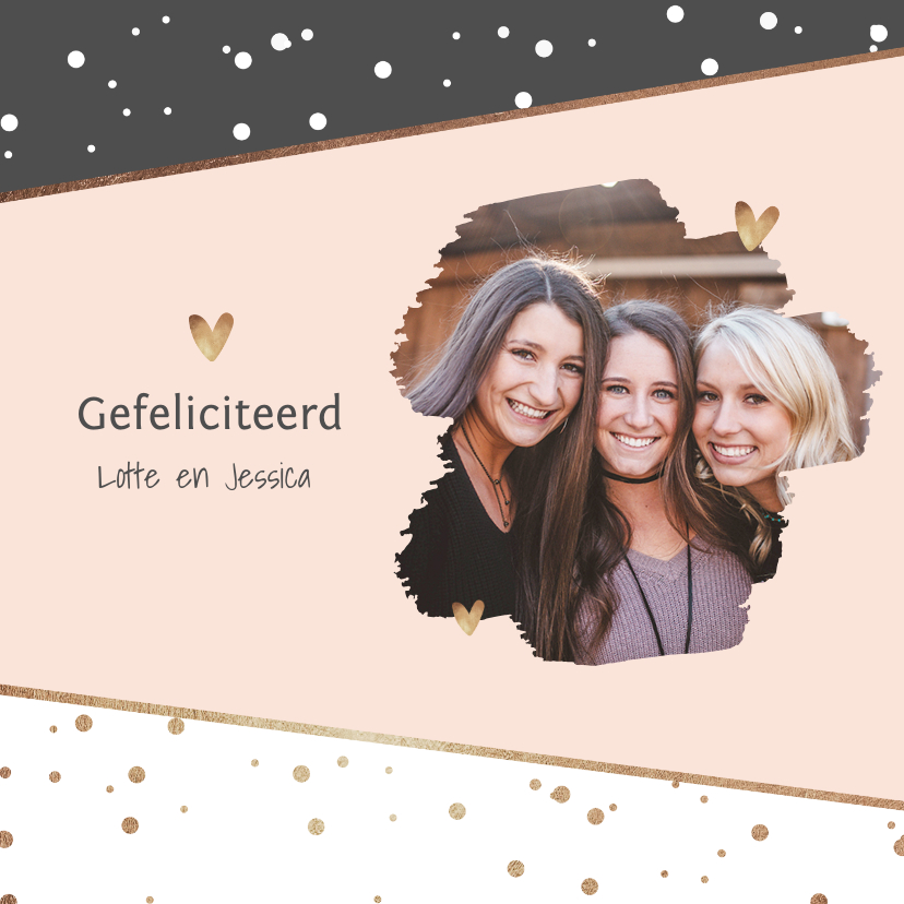 Verjaardagskaart stijlvol confetti hartjes foto goud - Verjaardagskaarten Verjaardagskaarten - Verjaardagskaart stijlvol confetti hartjes foto goud