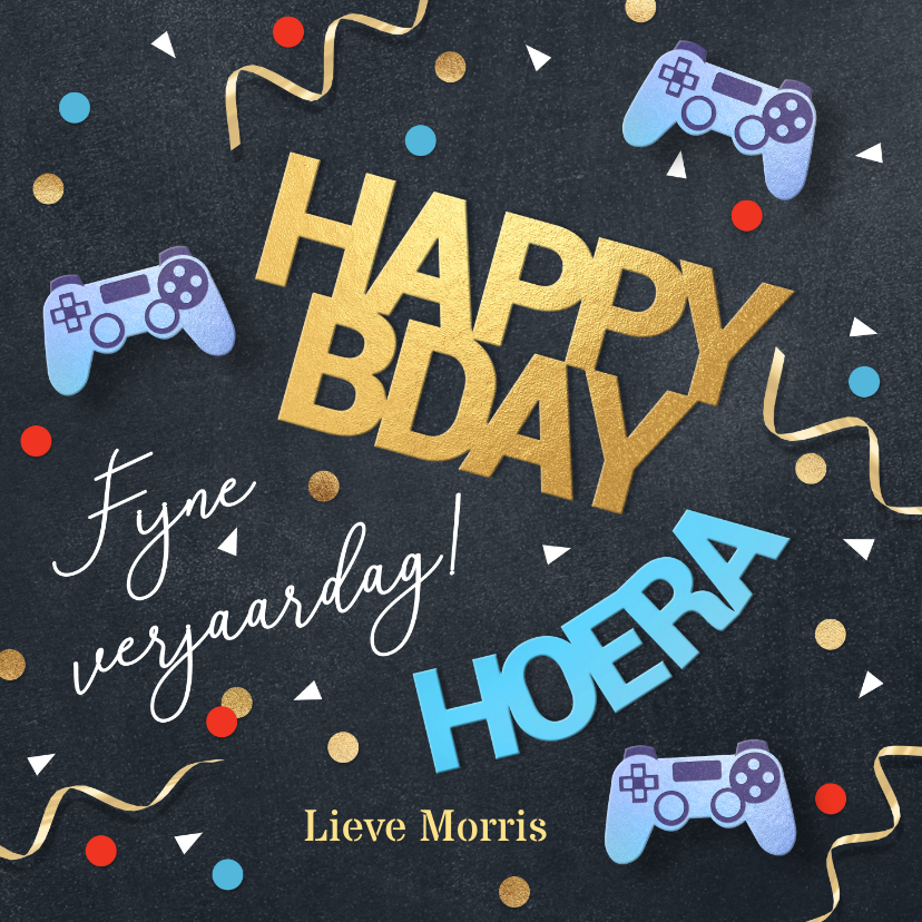 Verjaardagskaarten - Verjaardagskaart stoer krijtbord game controller en confetti