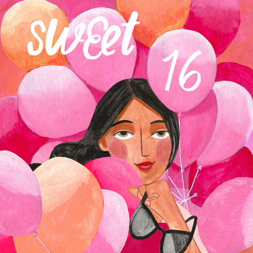 Verjaardagskaarten - Verjaardagskaart sweet 16 met roze ballonnen
