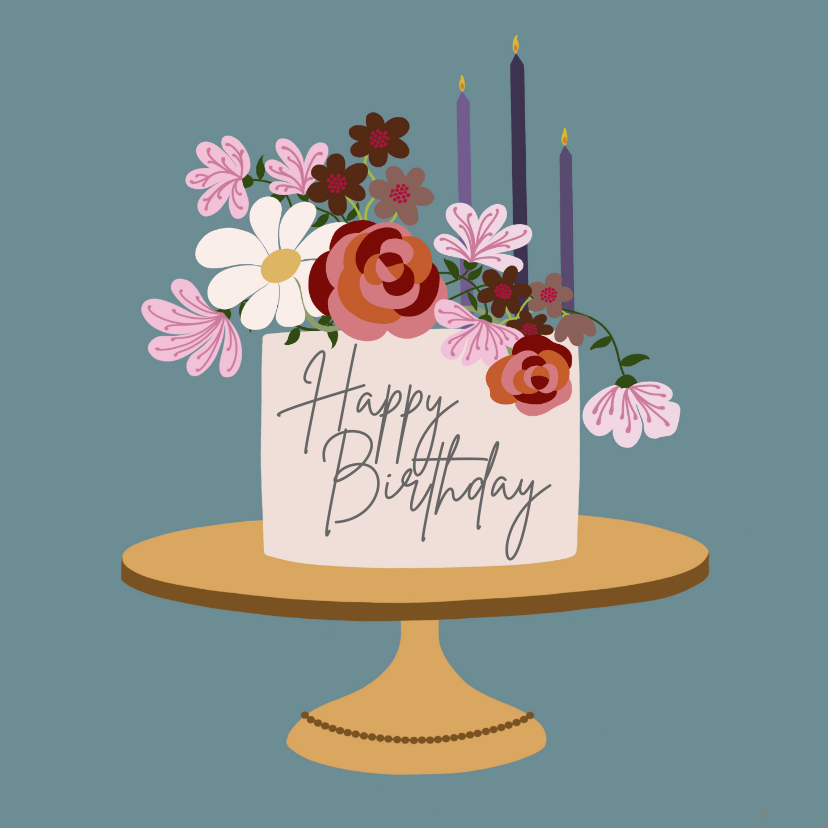 Verjaardagskaarten - Verjaardagskaart - taart met bloemen