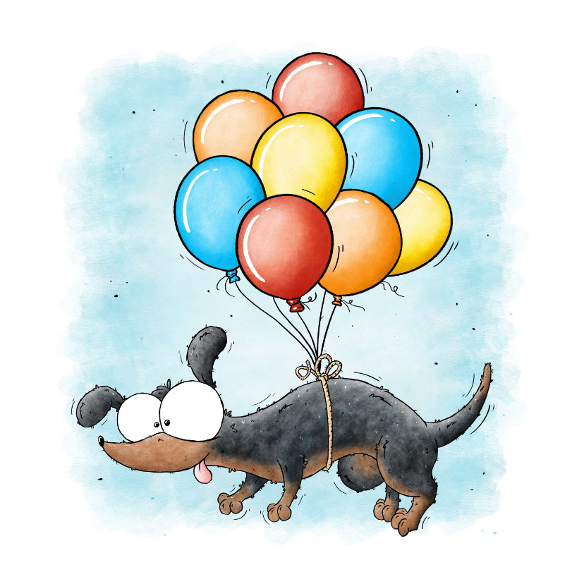 Verjaardagskaarten - Verjaardagskaart teckel hond aan ballonnen