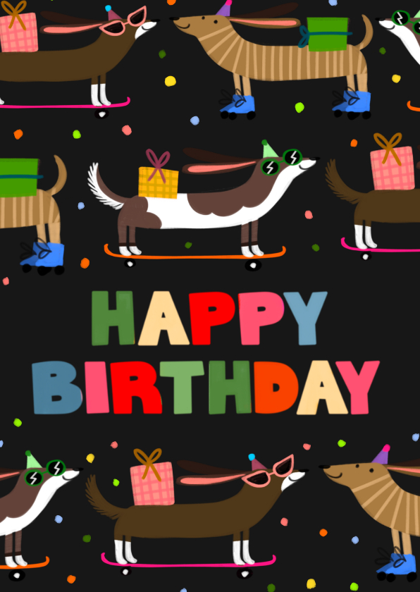 Verjaardagskaart teckels op skateboards - Verjaardagskaarten Verjaardagskaarten - Verjaardagskaart teckels op skateboards