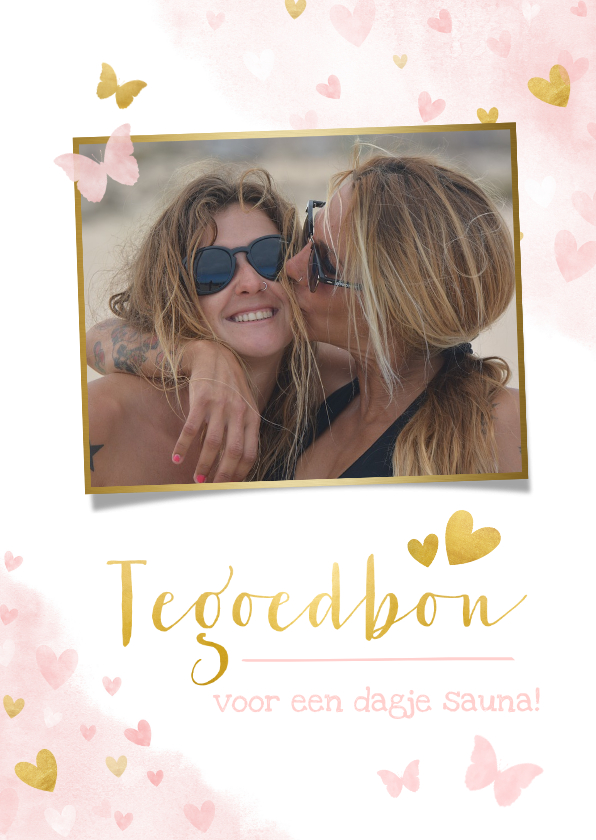 Verjaardagskaart tegoedbon met roze en gouden hartjes & foto - Verjaardagskaarten Verjaardagskaarten - Verjaardagskaart tegoedbon met roze en gouden hartjes & foto
