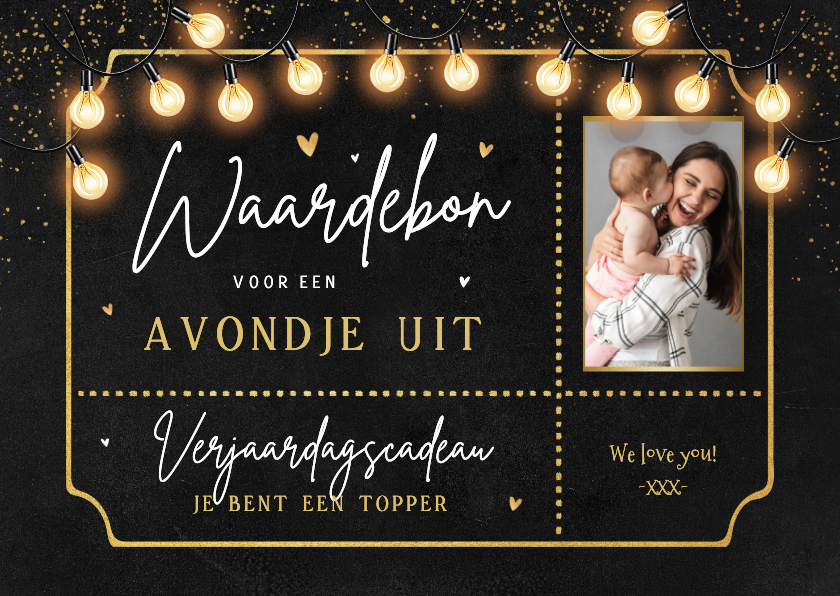 Verjaardagskaarten - Verjaardagskaart tegoedbon ticket lampjes foto hartjes