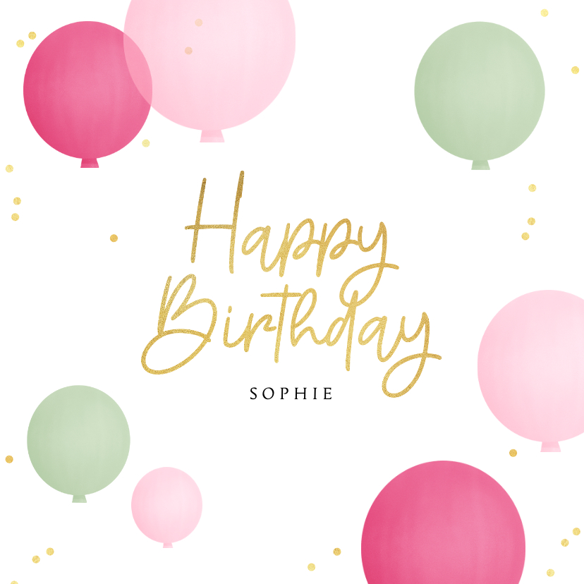 Verjaardagskaarten - Verjaardagskaart tekst happy birthday ballonnen goud