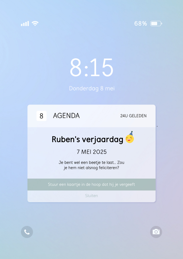 Verjaardagskaarten - Verjaardagskaart telefoon notificatie te laat