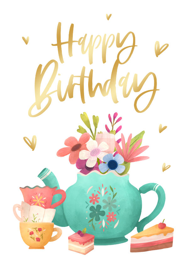 Verjaardagskaarten - Verjaardagskaart thee gebakjes taart goud happy birthday