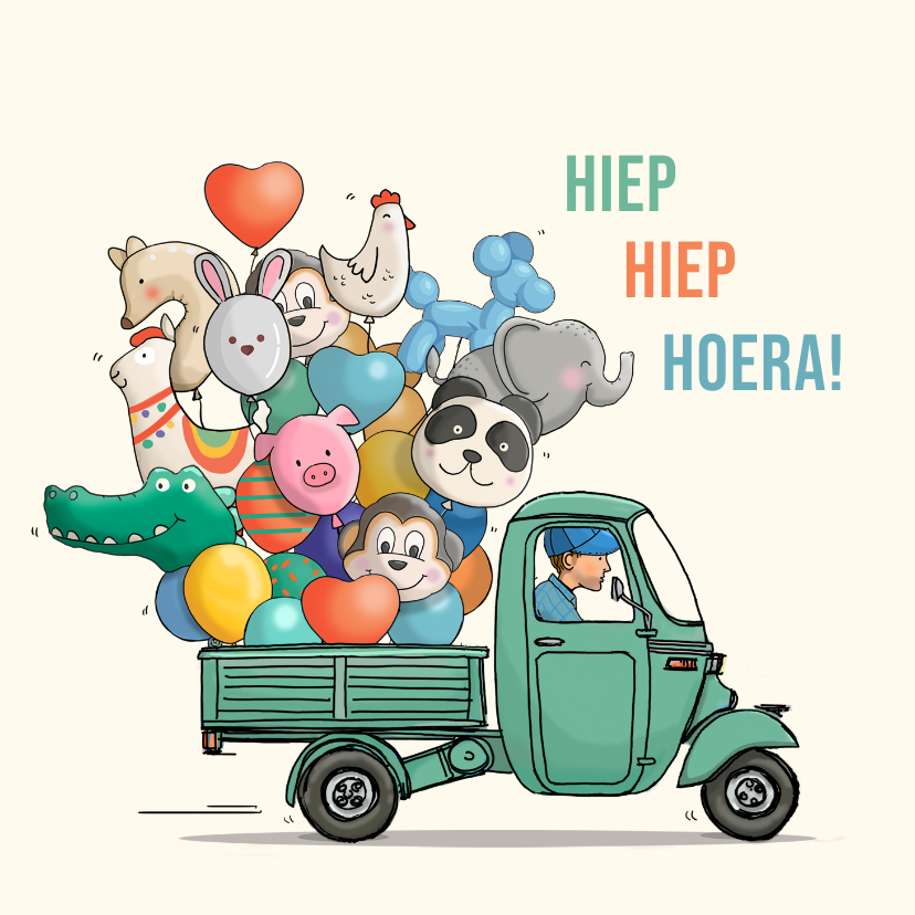 Verjaardagskaarten - Verjaardagskaart tuktuk met ballonnen