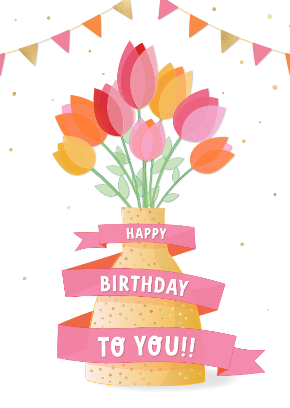 Verjaardagskaarten - Verjaardagskaart tulpen tekstlint slingers & confetti