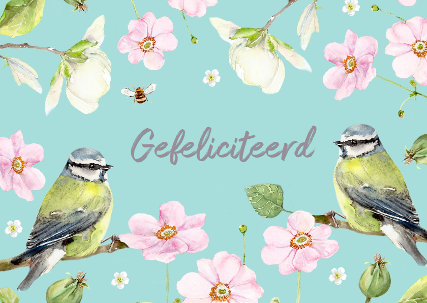 Verjaardagskaarten - Verjaardagskaart Twee vogels bloemen