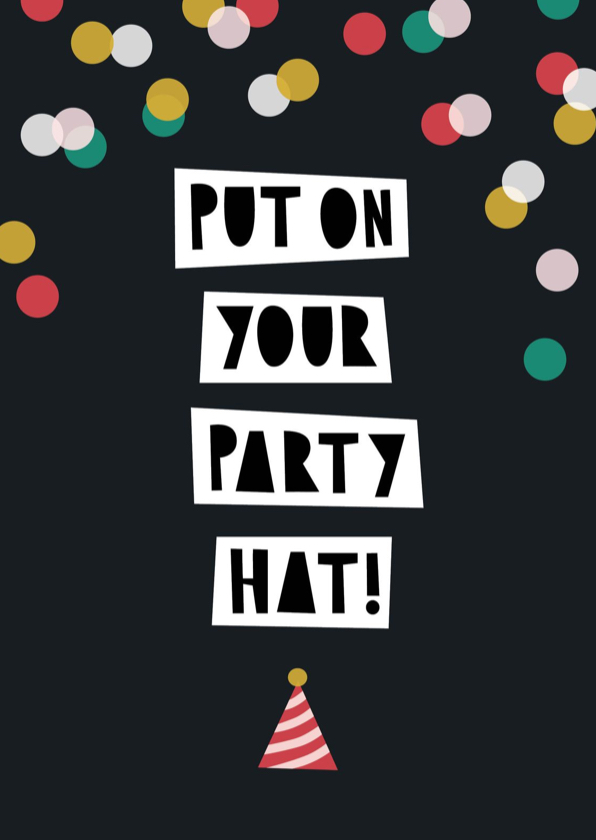 Verjaardagskaarten - Verjaardagskaart typografie party hat