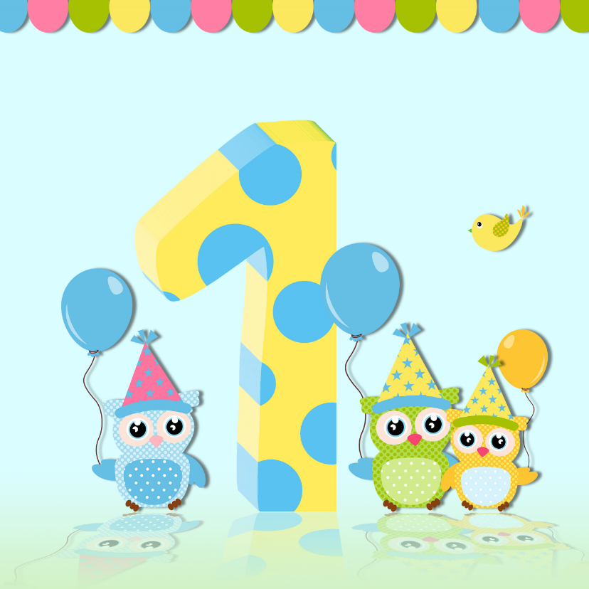 Verjaardagskaart uil met ballonnen - Verjaardagskaarten Verjaardagskaarten - Verjaardagskaart uil met ballonnen