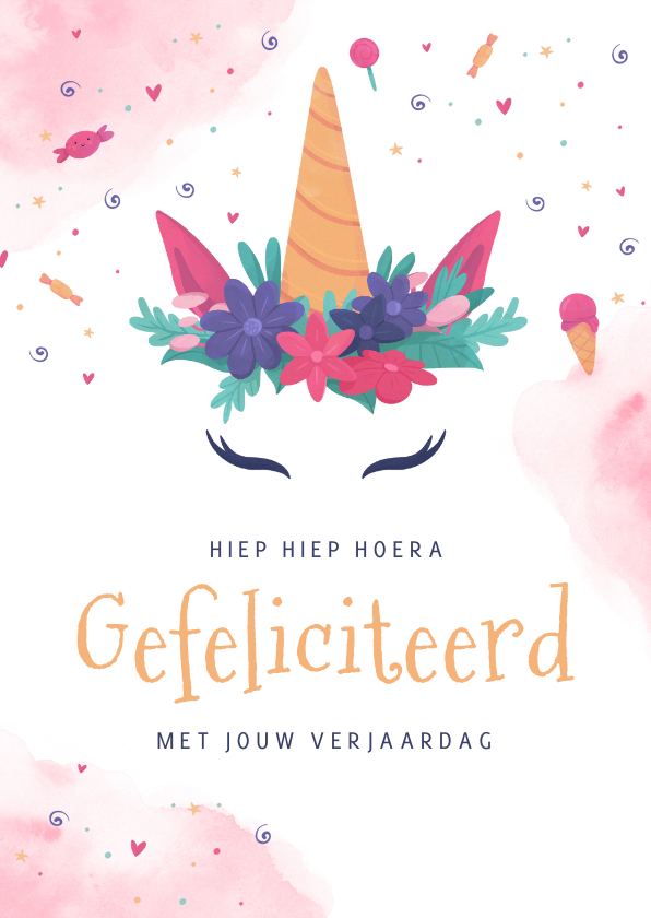 Verjaardagskaarten - Verjaardagskaart unicorn meisje eenhoorn confetti