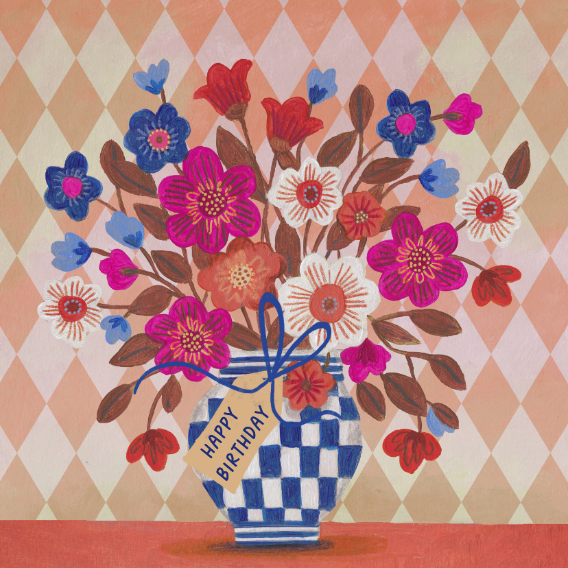 Verjaardagskaart vaas met bloemen ruit - Verjaardagskaarten Verjaardagskaarten - Verjaardagskaart vaas met bloemen ruit