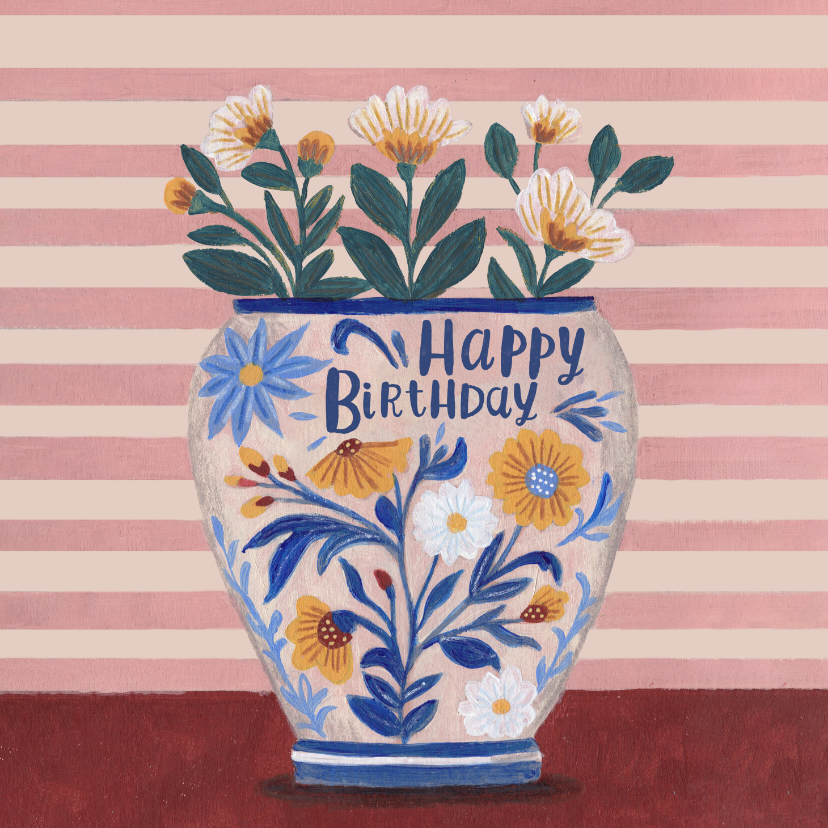 Verjaardagskaart vaas met bloemen streep - Verjaardagskaarten Verjaardagskaarten - Verjaardagskaart vaas met bloemen streep