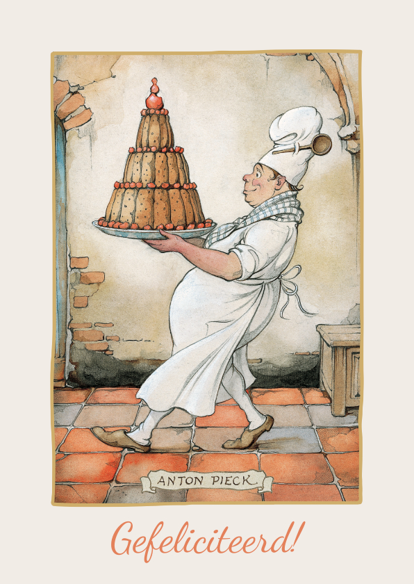 Verjaardagskaarten - Verjaardagskaart van Anton Pieck bakker met een grote taart