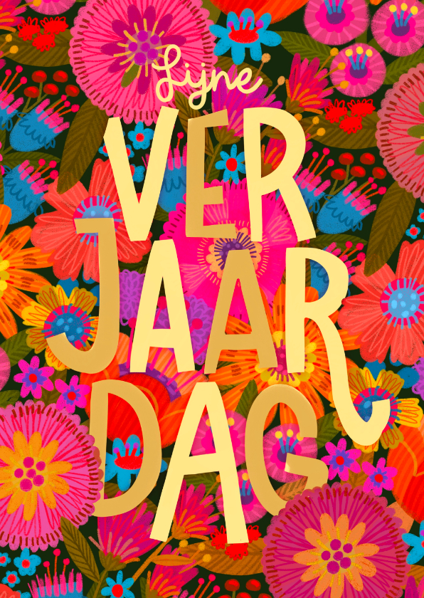 Verjaardagskaarten - Verjaardagskaart veld met lentebloemen knalkleuren