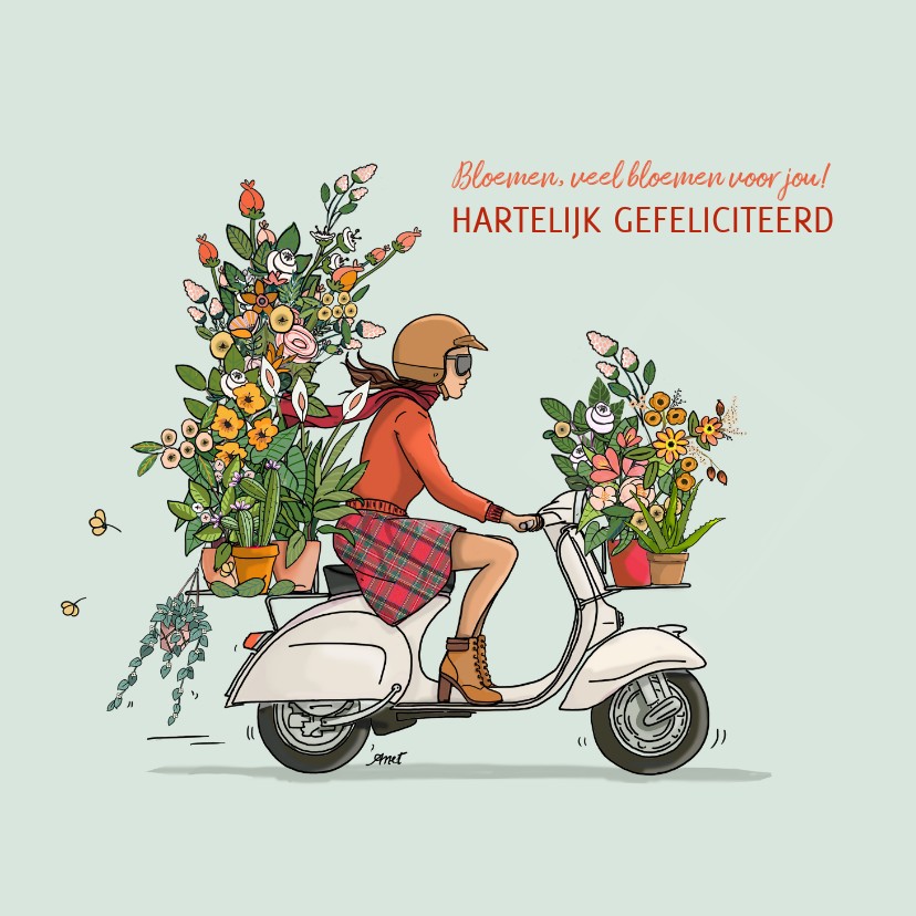 Verjaardagskaarten - Verjaardagskaart Vespa met bloemen vrouw