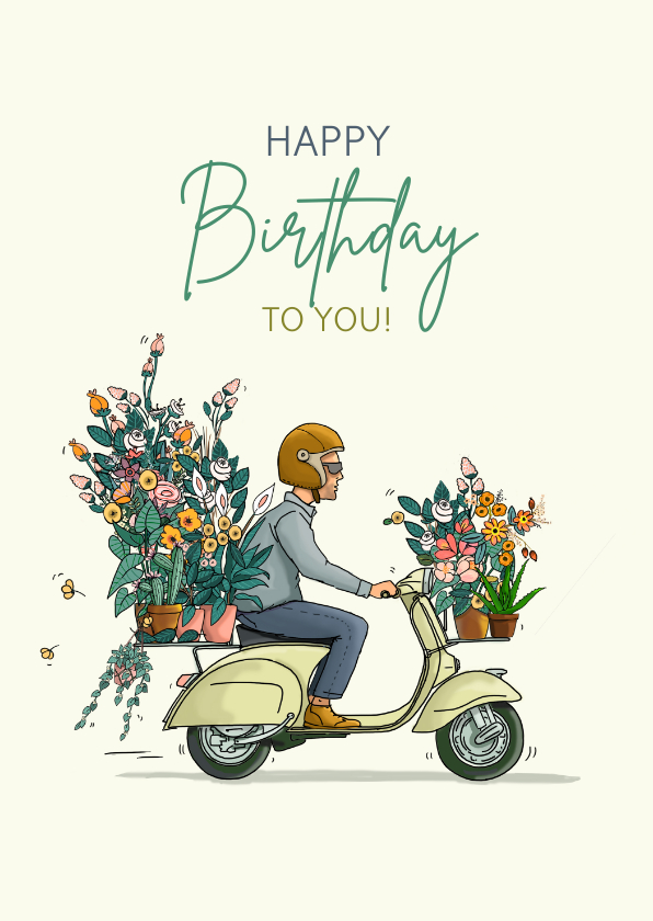 Verjaardagskaarten - Verjaardagskaart Vespa scooter met bloemen