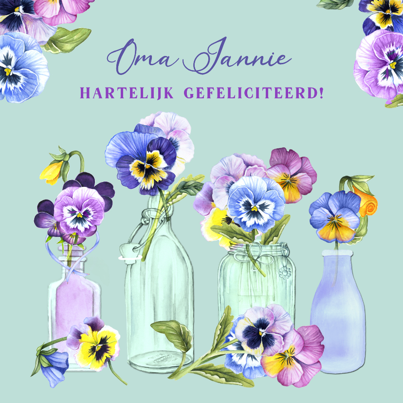 Verjaardagskaarten - Verjaardagskaart viooltjes in vaasjes