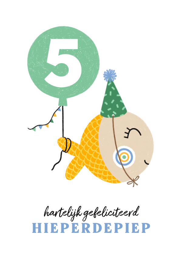 Verjaardagskaarten - Verjaardagskaart vis feestmuts ballon groen