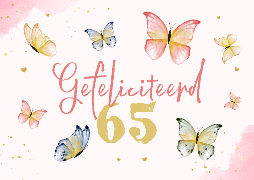 Verjaardagskaarten - Verjaardagskaart vlinders waterverf goud hartjes 65