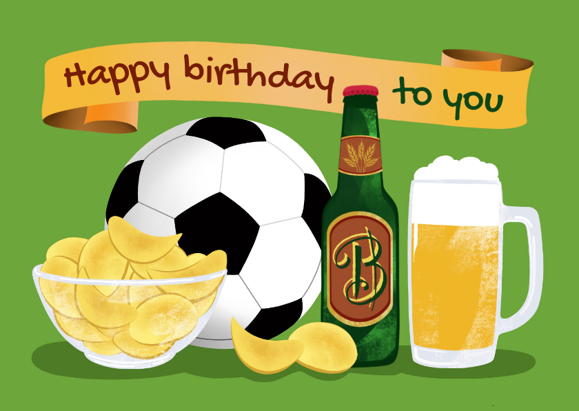 Verjaardagskaarten - Verjaardagskaart Voetbal, bier en chips