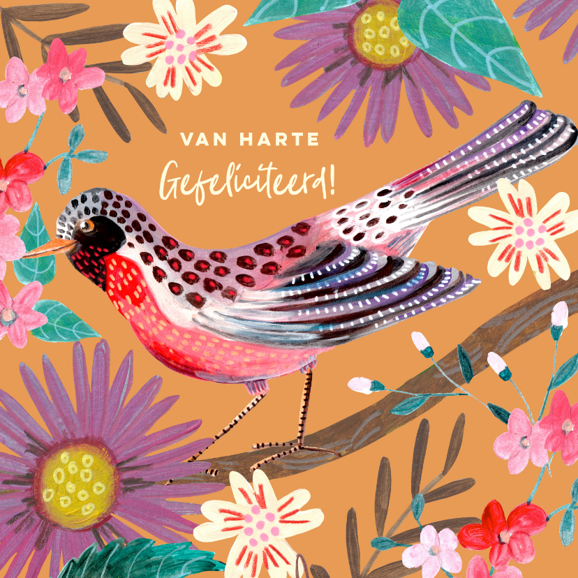 Verjaardagskaarten - Verjaardagskaart vogel op tak en bloemen oranje