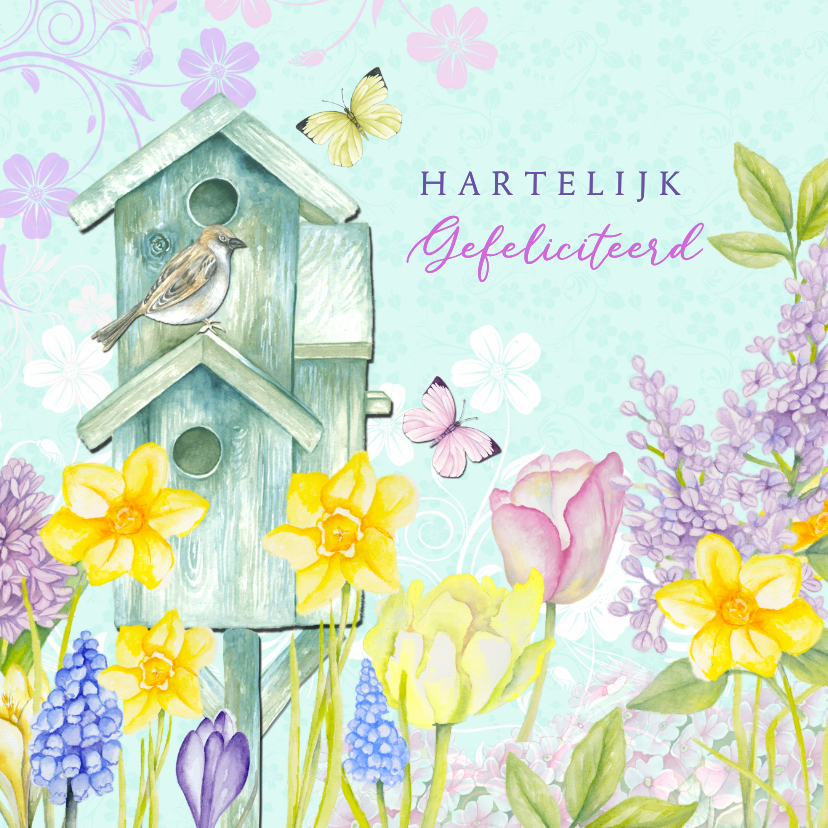 Verjaardagskaarten - Verjaardagskaart vogelhuis bloemen