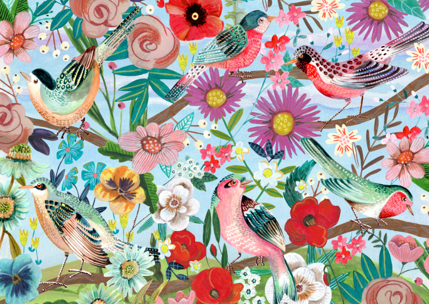 Verjaardagskaarten - Verjaardagskaart vogels bloemen kleurrijk illustratie