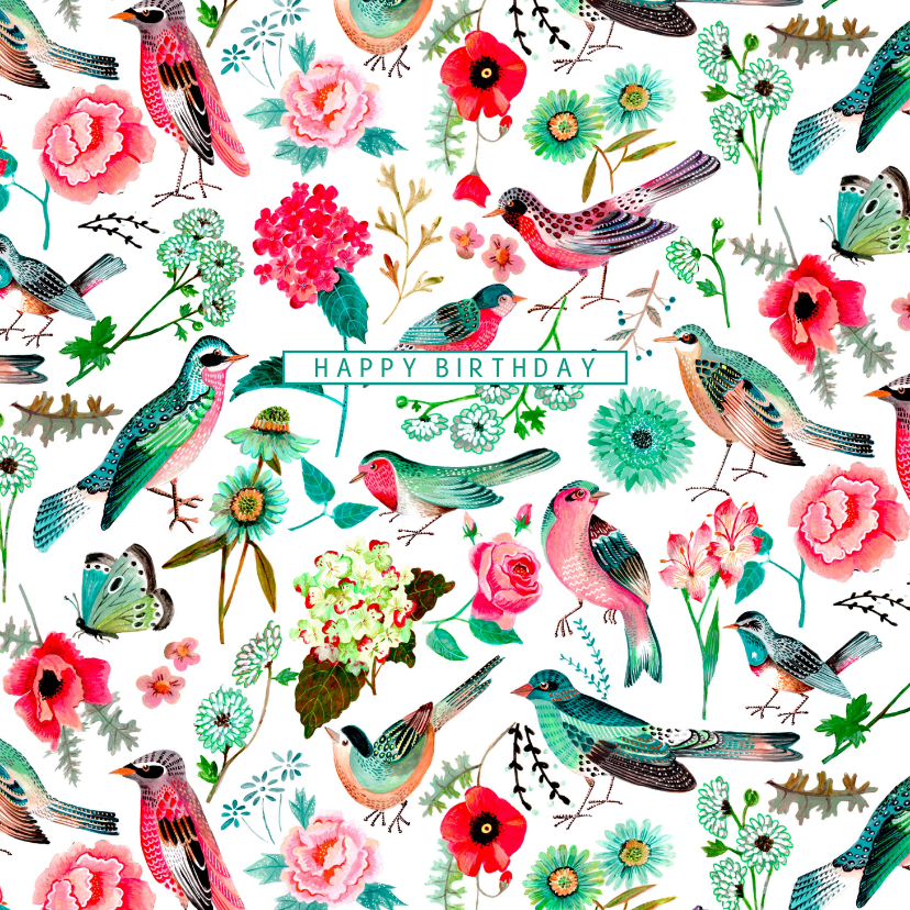 Verjaardagskaarten - Verjaardagskaart vogels pattern botanisch bloemen