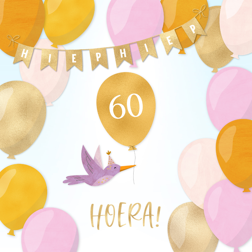 Verjaardagskaarten - Verjaardagskaart vogeltje met leeftijd, slinger en ballonnen