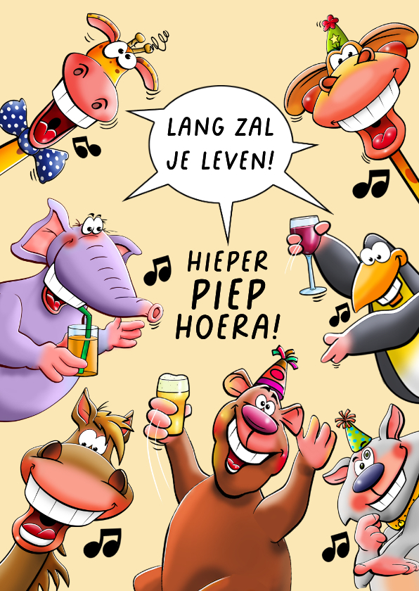 Verjaardagskaart voor de jarige met vrolijke dieren - Verjaardagskaarten Verjaardagskaarten - Verjaardagskaart voor de jarige met vrolijke dieren