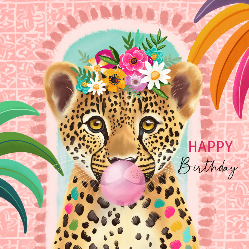 Verjaardagskaarten - Verjaardagskaart voor een vrouw met luipaard en bloemen