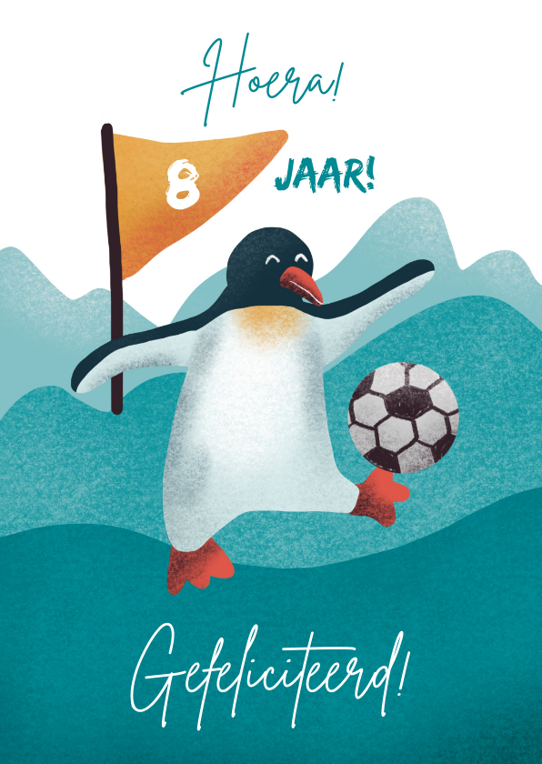 Verjaardagskaarten - Verjaardagskaart voor kind met pinguïn en voetbal
