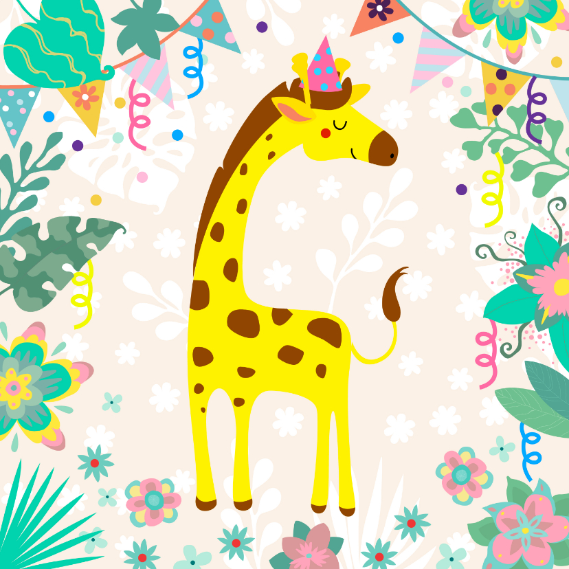 Verjaardagskaarten - Verjaardagskaart voor kind met vrolijke giraf en slingers