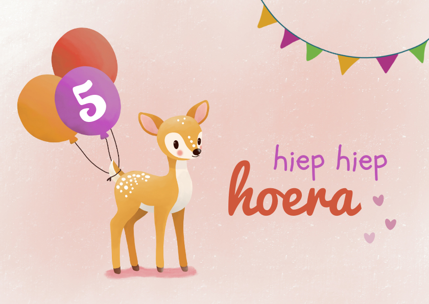 Verjaardagskaarten - Verjaardagskaart voor meisje met lief hertje en ballonnen