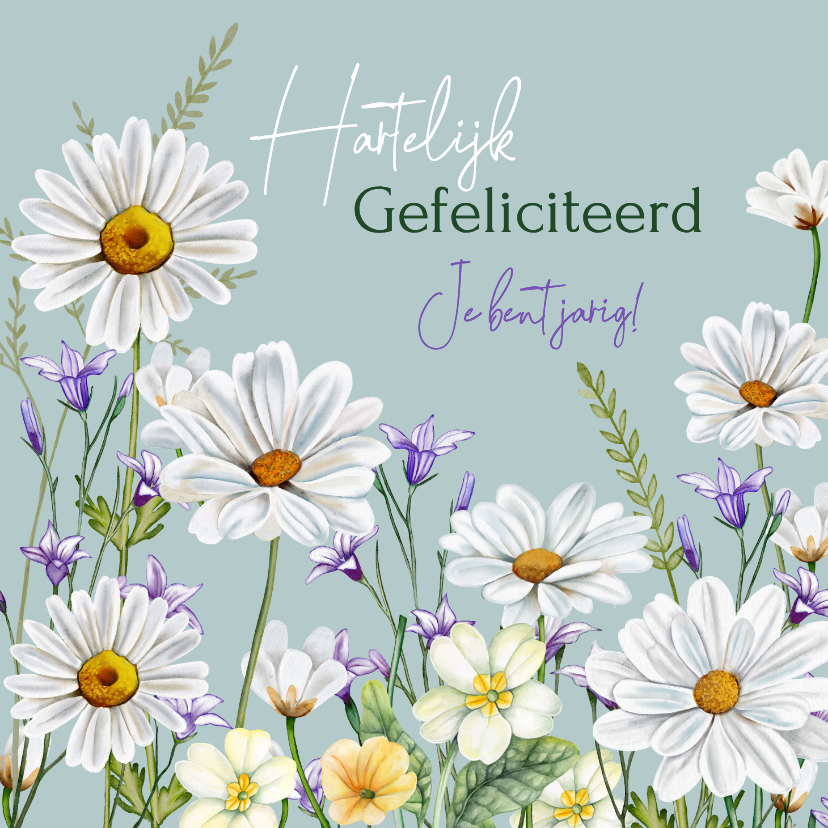 Verjaardagskaarten - Verjaardagskaart voorjaarsbloemetjes Margrietjes