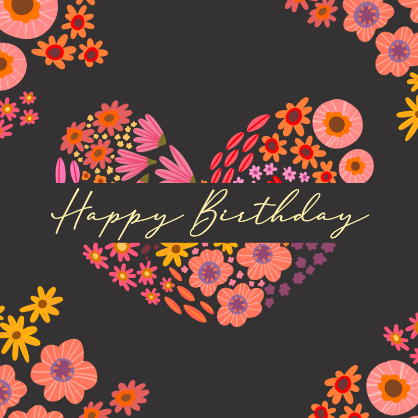 Verjaardagskaarten - Verjaardagskaart vrolijk bloemen hartje