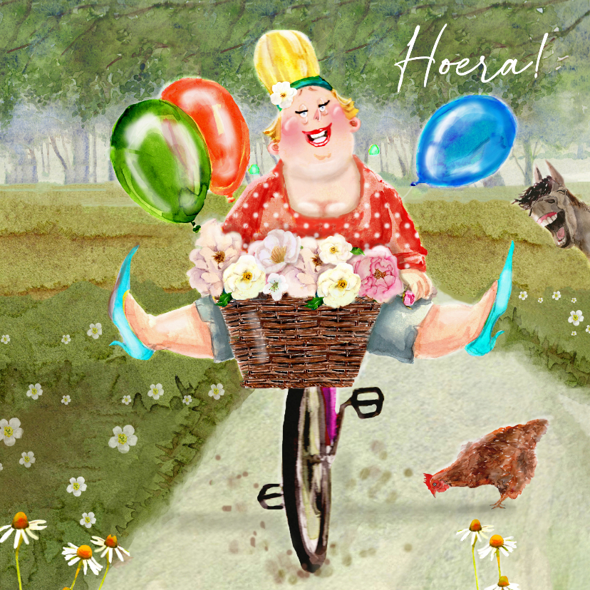 Verjaardagskaart vrolijk fietsende dame bloemen en ballonnen - Verjaardagskaarten Verjaardagskaarten - Verjaardagskaart vrolijk fietsende dame bloemen en ballonnen