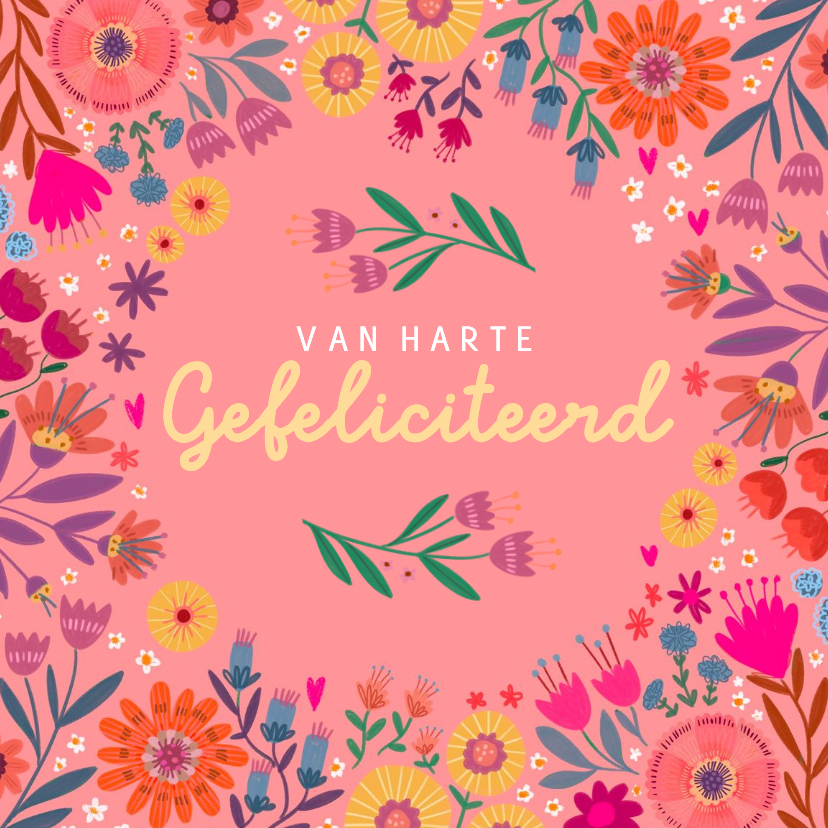Verjaardagskaart vrolijk met bloemen in roze - Verjaardagskaarten Verjaardagskaarten - Verjaardagskaart vrolijk met bloemen in roze
