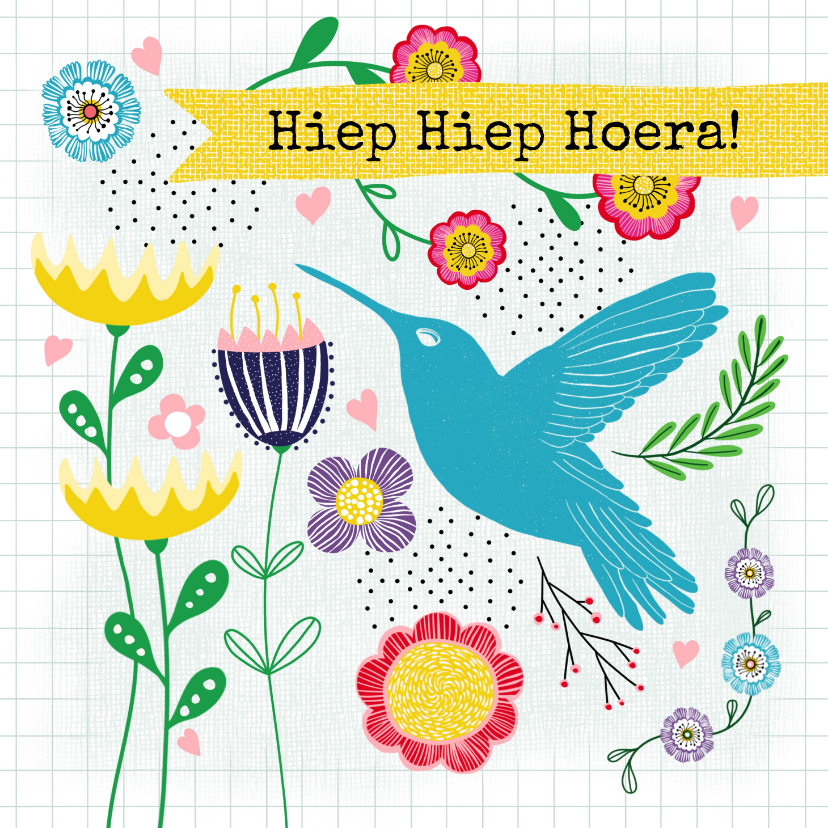 Verjaardagskaarten - Verjaardagskaart - Vrolijke bloemen & kolibrie