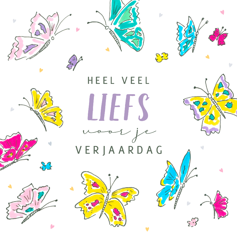 Verjaardagskaarten - Verjaardagskaart vrolijke gekleurde vlinders met hartjes