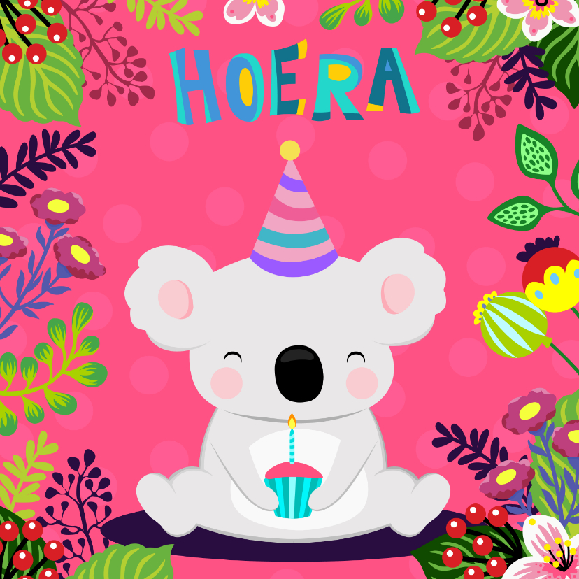 Verjaardagskaart vrolijke koala met taartje - Verjaardagskaarten Verjaardagskaarten - Verjaardagskaart vrolijke koala met taartje