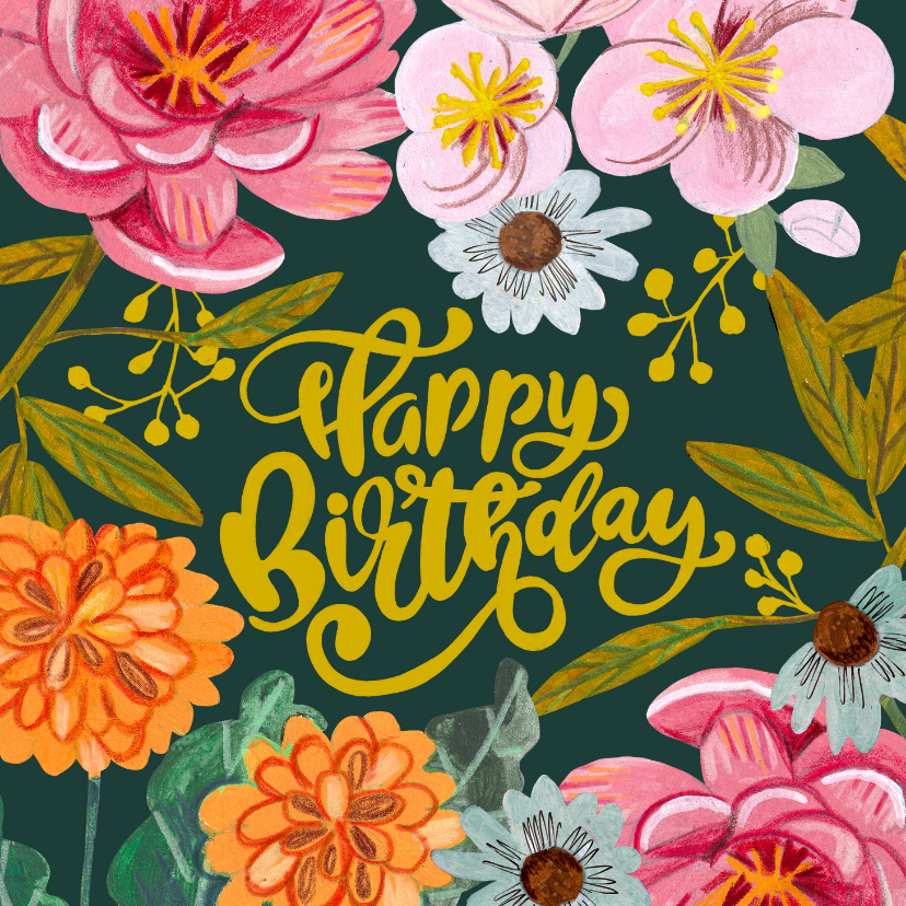 Verjaardagskaarten - Verjaardagskaart vrouw bloemen happy birthday illustratie